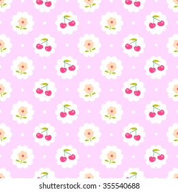 Seamless pattern with sweet cherry and flower. Shabby chic style.