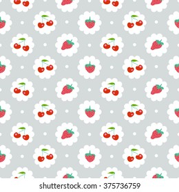 Seamless pattern with sweet cherry and strawberries. Shabby chic style