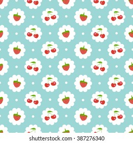 Seamless Pattern With Sweet Cherry And Strawberries. Shabby Chic Style