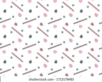 Seamless pattern of sweet chocolate berry crispy wafer sticks and cherries, blueberries, raspberries, blackberries and strawberries on a white background. For the design of kitchen utensils. Vector.