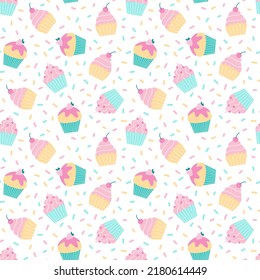 Seamless pattern with sweet colorful cupcakes. Design for prints, wrapping paper, gift bags, scrapbooking, textile, fabrics.