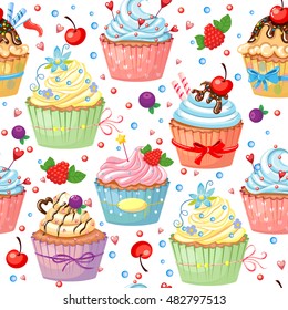 Seamless pattern with sweet colorful cupcakes. Vector illustration