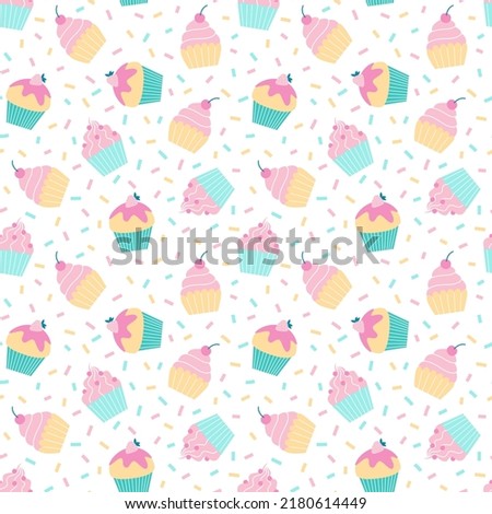 Seamless pattern with sweet colorful cupcakes. Design for prints, wrapping paper, gift bags, scrapbooking, textile, fabrics.