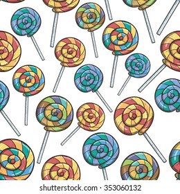Seamless Pattern Of Sweet Colorful Lollipops With Outline And Swirl
