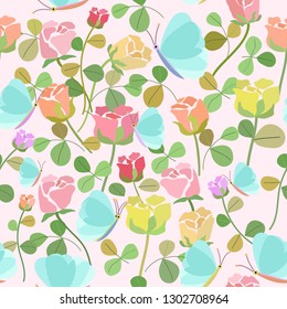 seamless pattern sweet colorful rose and  light blue butterfly,illustration vector comic art for any card.