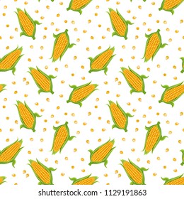 Seamless pattern with sweet corn and grains on white background. Vector texture in flat style. Ripe corn vegetables, seeds, corn cobs, maize, popcorn.