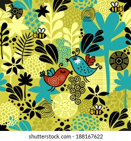Seamless pattern with sweet couple of birds. Vector background.
