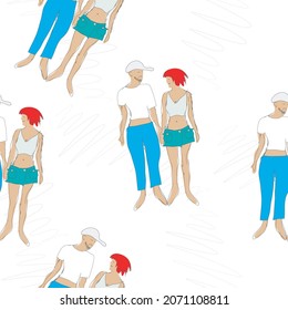 Patrón sin foco con pareja dulce enamorada: hombre y mujer tomándose de la mano. Gráficos vectoriales