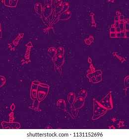 Seamless pattern with a sweet cupcake, champagne, candle, fireworks, balloons.