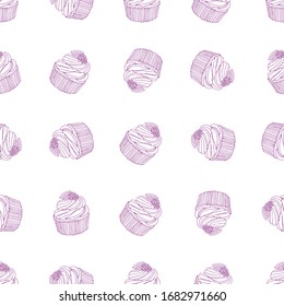 Seamless pattern of sweet cupcake. Hand drawn vector illustration in doodle style. Elements for greeting cards, posters, stickers and seasonal design.