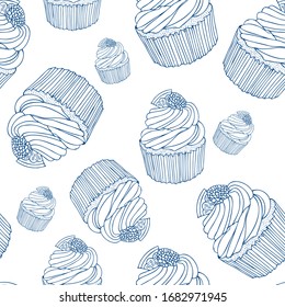 Seamless pattern of sweet cupcake. Hand drawn vector illustration in doodle style. Elements for greeting cards, posters, stickers and seasonal design.