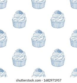 Seamless pattern of sweet cupcake. Hand drawn vector illustration in doodle style. Elements for greeting cards, posters, stickers and seasonal design.