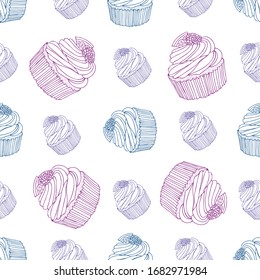 Seamless pattern of sweet cupcake. Hand drawn vector illustration in doodle style. Elements for greeting cards, posters, stickers and seasonal design.