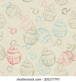 Seamless pattern with sweet cupcakes and berries in vintage style. Wedding background. Retro texture.