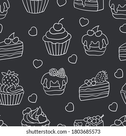 Seamless pattern with sweet cupcakes and cakes with berries and cream, white outline on a black background. For cover design, packaging, textile printing
