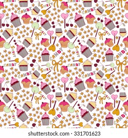 Seamless pattern with sweet cupcakes, cherry, lollipops, bows and stars.  Vector illustration for fabric design, textile, web design, wallpaper, wedding design and etc.
