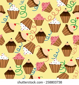 Seamless pattern. Sweet cupcakes with cream.