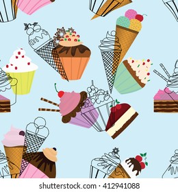 Seamless pattern. Sweet cupcakes with cream.