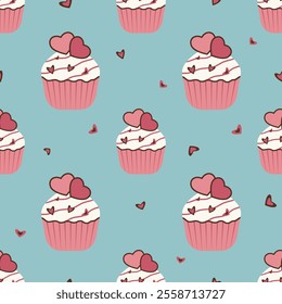 Seamless pattern of sweet cupcakes and hearts on a bright background, decoration for Valentine's Day, wedding, birthday.