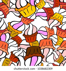 Seamless pattern with sweet Cupcakes pattern. Sweets background design. Nice birthday background on white, orange and black. Vector illustration.
