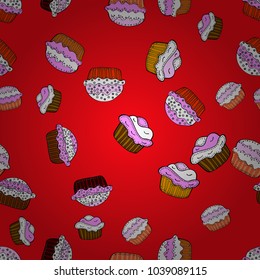 Seamless pattern with sweet Cupcakes pattern. Sweets background design. Nice birthday background on pink, white and red. Vector illustration.