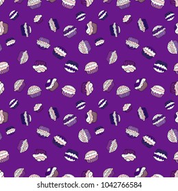 Seamless pattern with sweet Cupcakes pattern. Sweets background design. Nice birthday background on purple, white and neutral. Vector illustration.