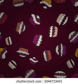 Seamless pattern with sweet Cupcakes pattern. Sweets background design. Nice birthday background on brown, white and black. Vector illustration.