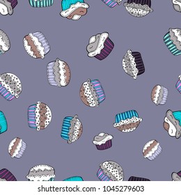 Seamless pattern with sweet Cupcakes pattern. Sweets background design. Nice birthday background on neutral, white and gray. Vector illustration.