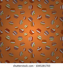 Seamless pattern with sweet Cupcakes pattern. Sweets background design. Nice birthday background on orange, white and yellow. Vector illustration.