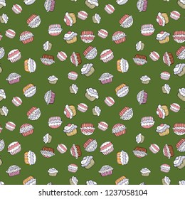 Seamless pattern with sweet Cupcakes pattern. Sweets background design. Nice birthday background on green, neutral and white. Vector illustration.