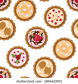 seamless pattern from sweet cupcakes with various fillings. Cartoon style. Vector illustration. 