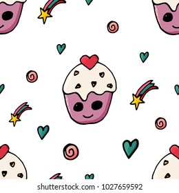 Seamless pattern with sweet cupcakes in vector