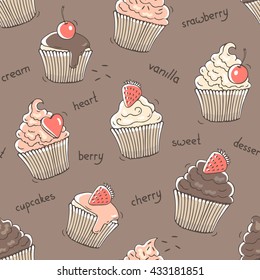Seamless pattern with sweet cupcakes. Vector illustration