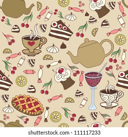 Seamless pattern with sweet, cups and teapots. Vector illustration with pastries, cups, cherry, teapots and candy
