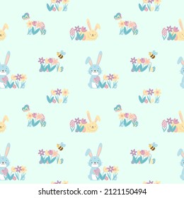 Patrón sin foco con conejos conejitos azules dulces y lindos, flores de primavera, huevos coloridos, mariposa y abeja sobre fondo azul en dibujos de estilo plano. Ilustración de niños vectores.