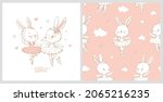 Seamless pattern with the sweet dancing cartoon ballerina bunny. Dancing rabbit pattern. Can be used for baby t-shirt print, kids fashion design, baby shower card