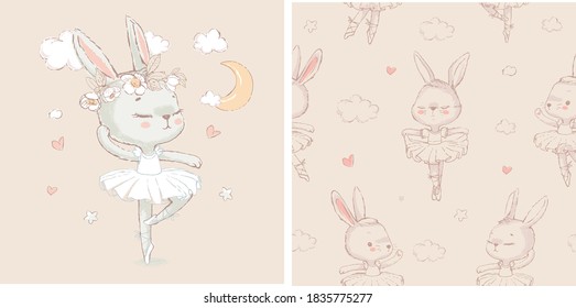 Seamless pattern with the sweet dancing cartoon ballerina bunny. Hand drawn vector illustration. Can be used for baby t-shirt print, kids fashion design, baby shower card