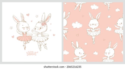 Seamless pattern with the sweet dancing cartoon ballerina bunny. Dancing rabbit pattern. Can be used for baby t-shirt print, kids fashion design, baby shower card