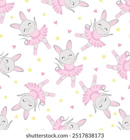 Seamless pattern with the sweet dancing cartoon ballerina bunny. Dancing rabbit pattern. Can be used for baby t-shirt print, kids fashion design, baby shower card