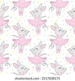 Seamless pattern with the sweet dancing cartoon ballerina bunny. Dancing rabbit pattern. Can be used for baby t-shirt print, kids fashion design, baby shower card