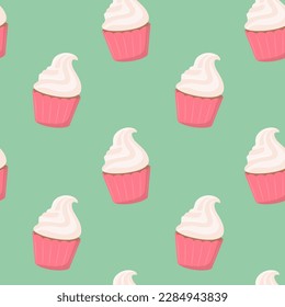 Seamless pattern of sweet delicious cupcakes with cream on a light green background. Vector illustration of dessert in a flat style.