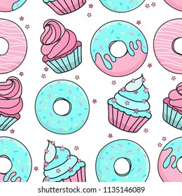 Seamless pattern with sweet delicious desserts. Blue and pink donuts, muffins, confetti. Vector illustration. Making a sweet menu, corporate identity, business card, packing paper.
