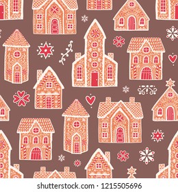 Seamless pattern with sweet delicious gingerbread houses and decorated with sugar icing. Backdrop with tasty dessert products on dark background. Colorful vector illustration in flat cartoon style.