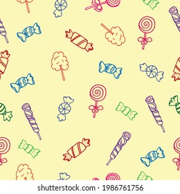 seamless pattern with sweet dessert, cotton candy, lollipops and popsicle illustration. hand drawn vector. cute doodle art for kids, wallpaper, backdrop, fabric, textile, wrapping paper and gift. 