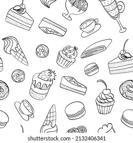Seamless pattern with sweet dessert doodles. Hand drawn cakes on white background. Vector illustration.