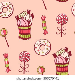 Seamless pattern with sweet dessert. Hand-drawn illustration. Vector.