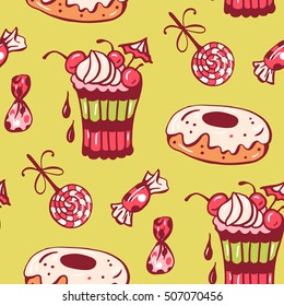 Seamless pattern with sweet dessert. Hand-drawn illustration. Vector.