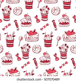 Seamless pattern with sweet dessert. Hand-drawn illustration. Vector.