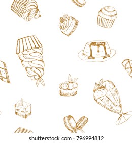 seamless pattern with sweet dessert, hand-drawn cupcake, ice cream, pastries, cake