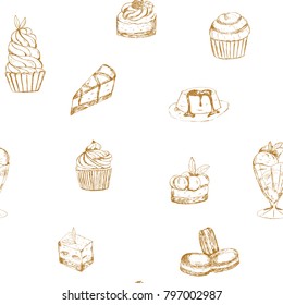seamless pattern with sweet dessert, hand-drawn cupcake, ice cream, pastries, cake